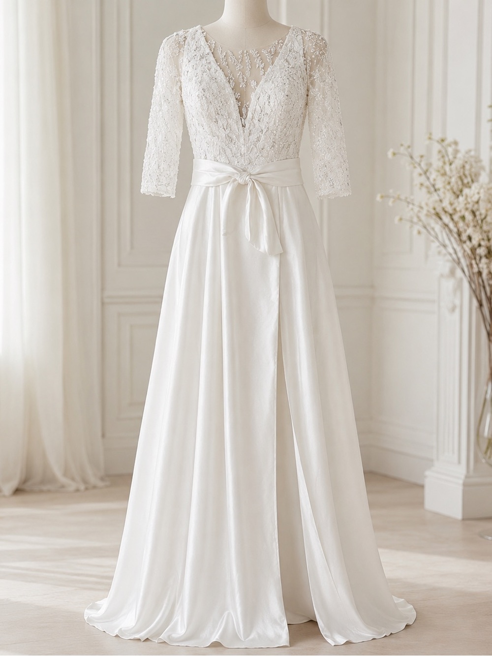 Elegant Lace Bodice Satin Skirt Wedding Gown - Ivory